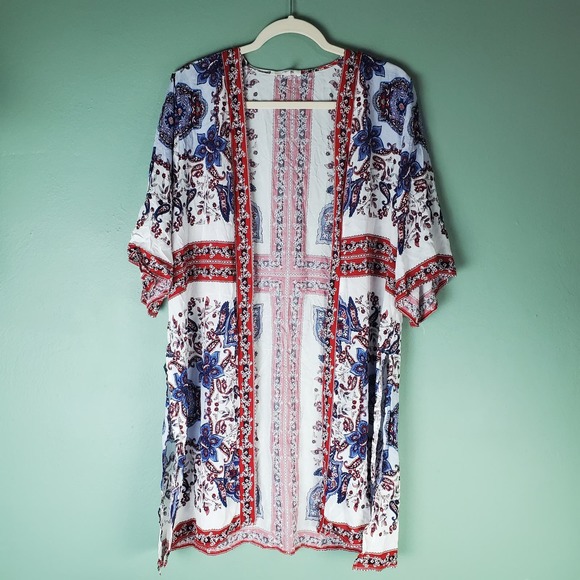 Maurices Other - Maurices Red White Blue Floral Paisley Print Americana Border Kimono Size Medium